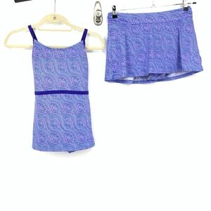 LL Bean Kids Girls Size 12 Large Bathing Suit 2 Piece Tank Swim Skirt Purple